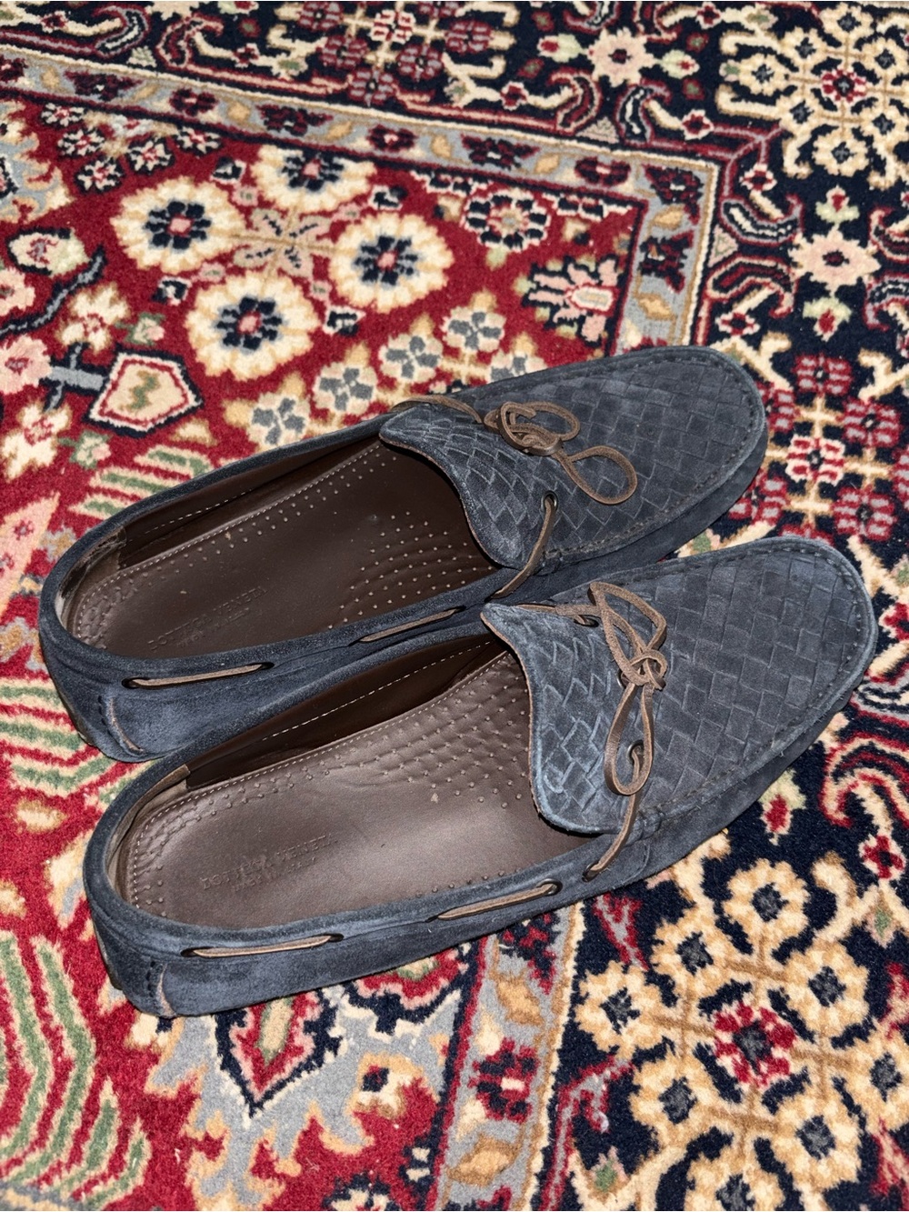 Bottega Veneta Navy Woven Suede Driving Loafers with Brown Lace Detail
